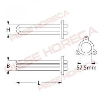 Rezistenta masina spalat vase OMNIWASH,  6000W 230V,  ø montare 57.5mm, 3 circuite, lungime 410mm, latime 32mm, inaltime 50mm